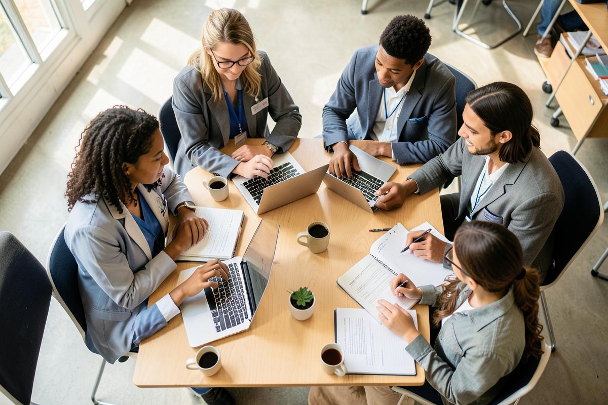 Pre-med students working together at a table with laptops and notebooks